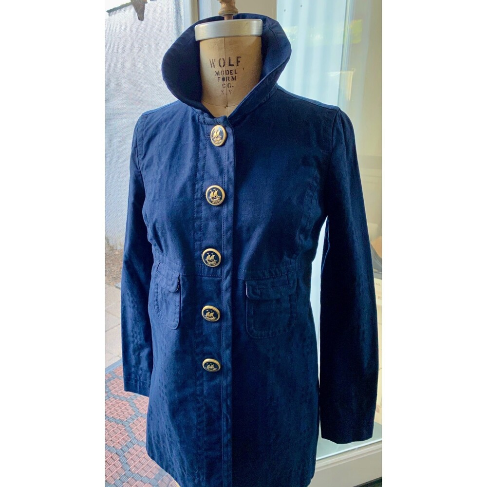 Juicy Couture Y2K Royal Navy Cotton Trench Jacket SZ S Gold & Navy Ship Buttons
